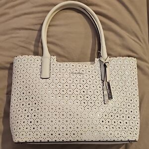 Calvin Klein White Laser-Cut Tote with Charm